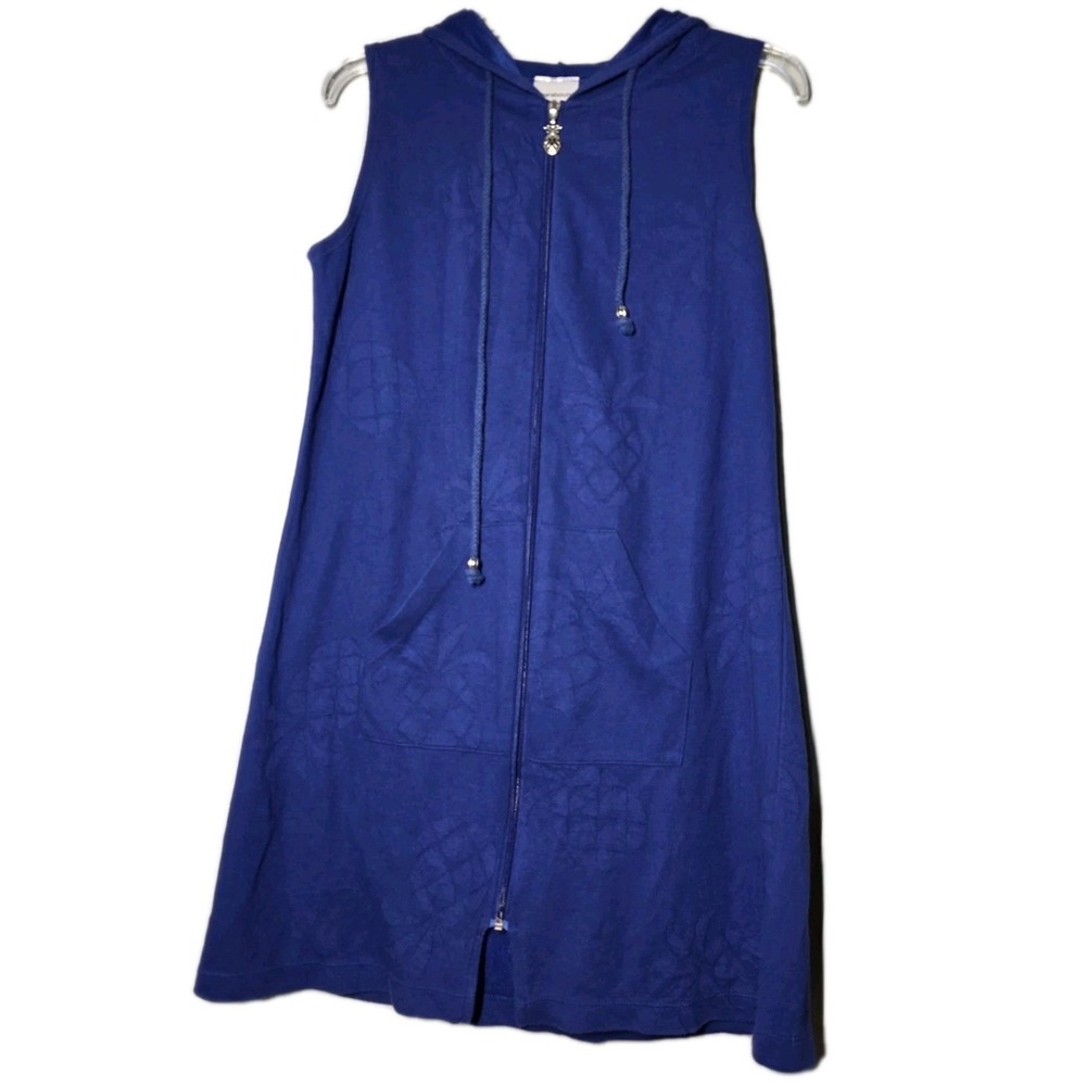 Whereabouts Sz S Swim Cover Up Hooded Sleeveless Dress Blue  Zippered Pineapple